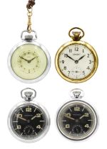 A selection of four crown wind pocket watches, two are military by Ingersoll.