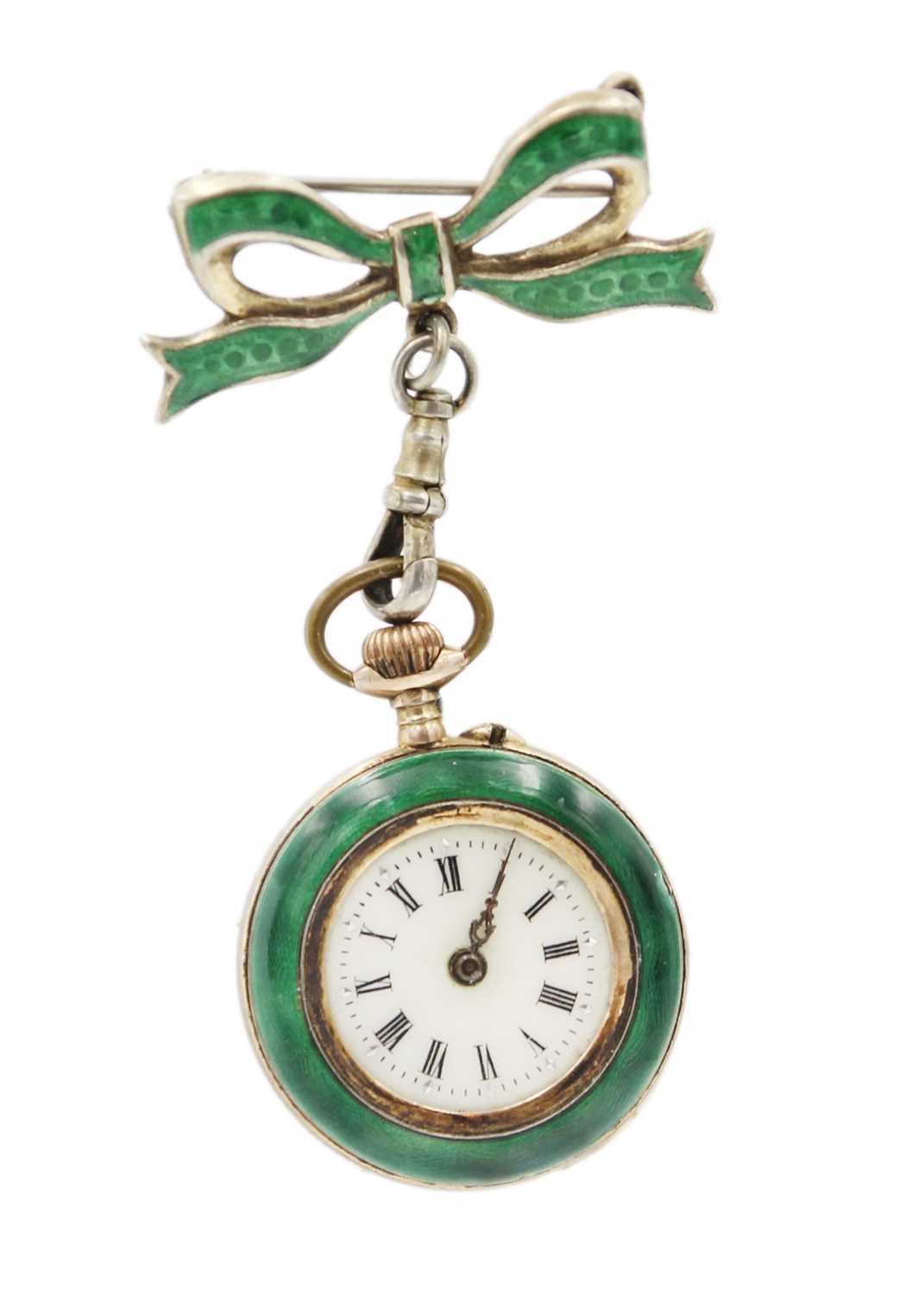 Two silver pocket watches, two silver and enamel pendant watches and a winding key. - Bild 11 aus 11