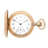 WALTHAM - A rose gold plated full hunter crown wind fob pocket watch.