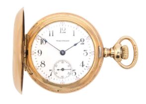 WALTHAM - A rose gold plated full hunter crown wind fob pocket watch.