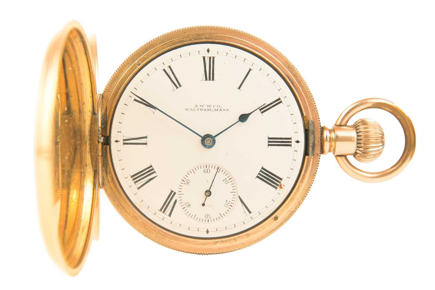 WALTHAM - A rose gold plated full hunter crown wind lever pocket watch.