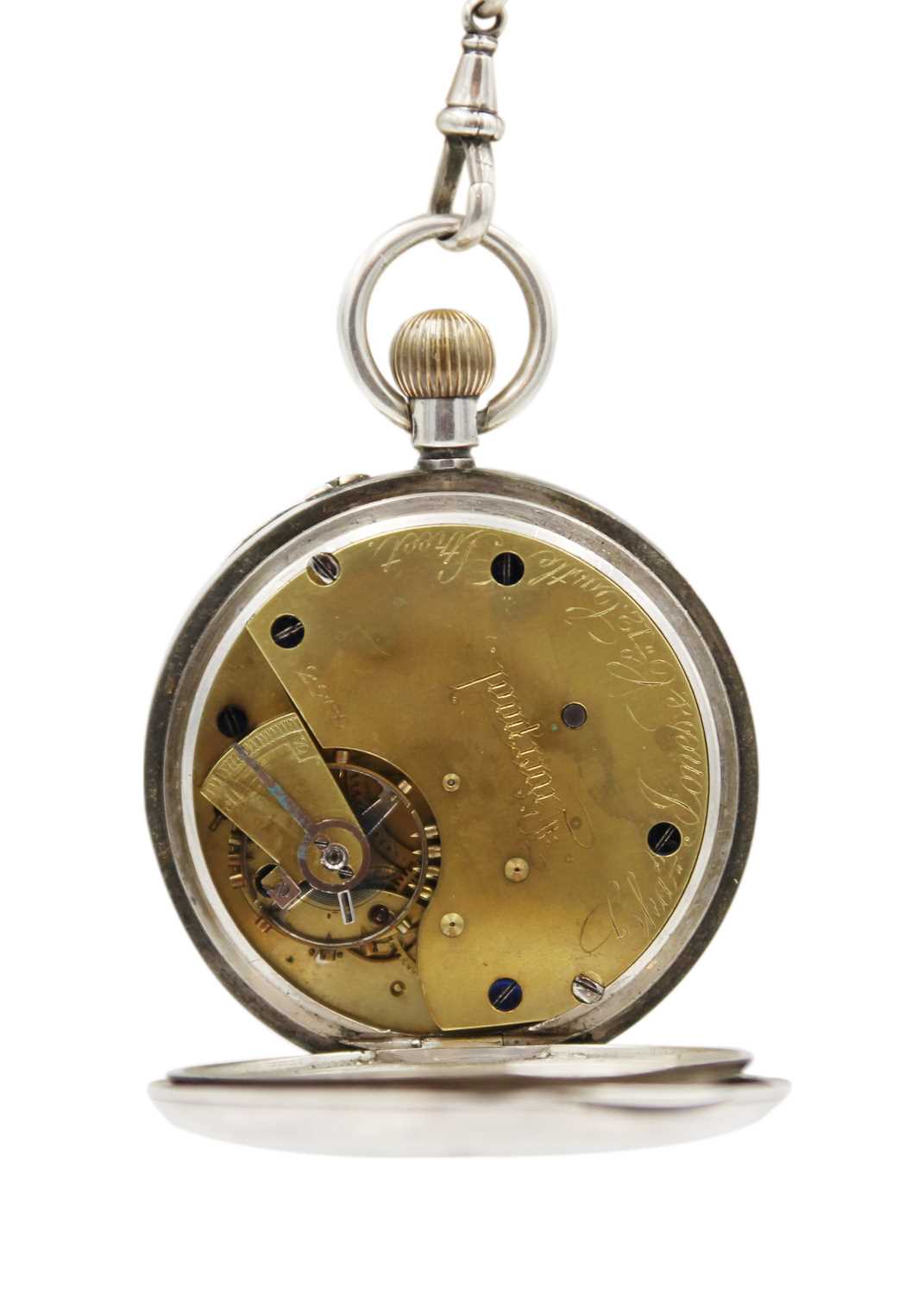 A silver cased crown wind lever pocket watch and silver Albert watch chain. - Image 2 of 3