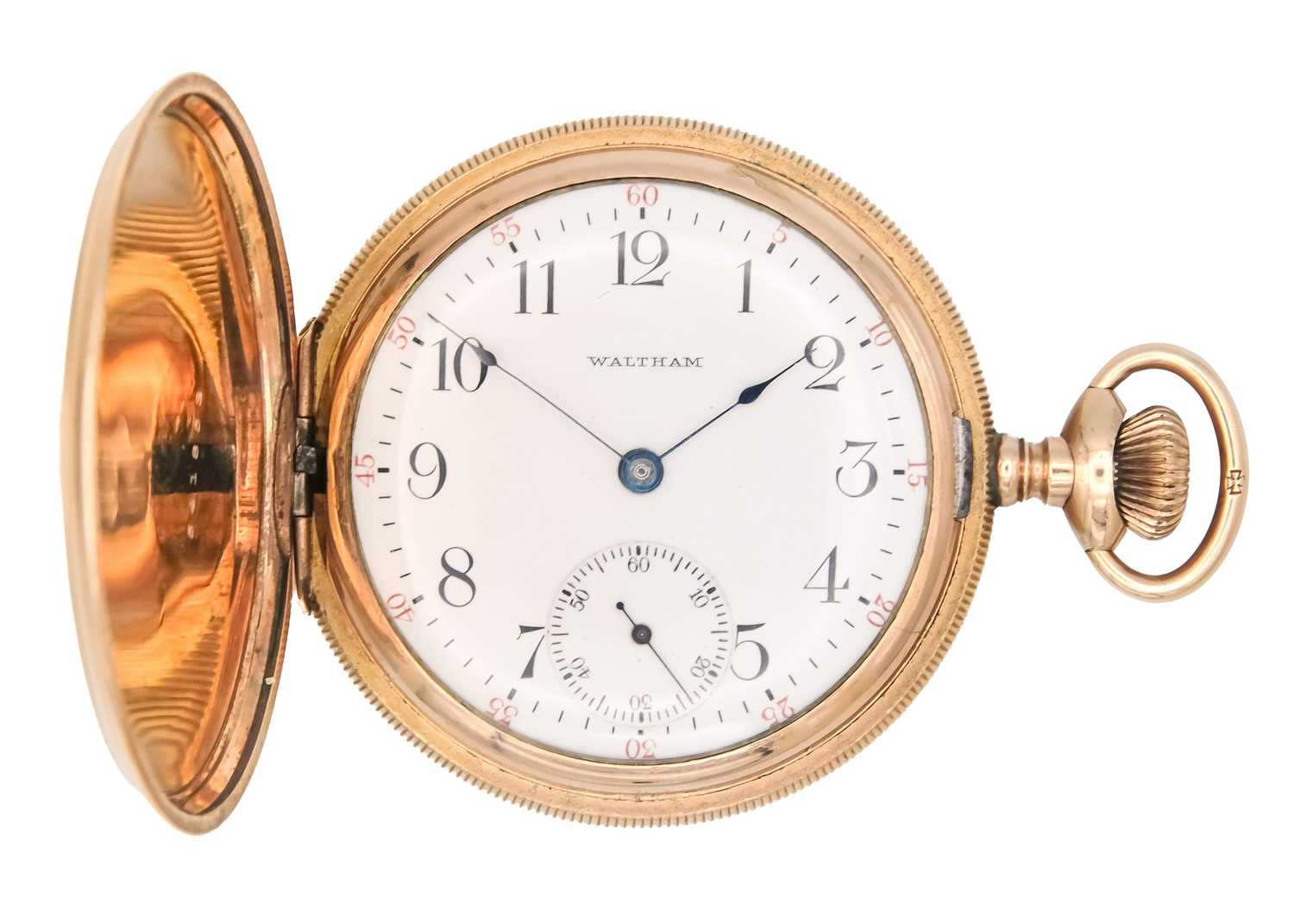 WALTHAM - A rose gold plated full hunter crown wind lever pocket watch.