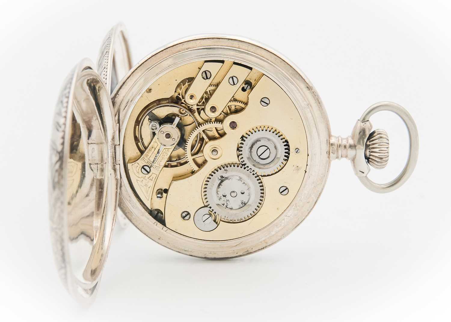 A silver-cased full hunter crown wind Swiss lever pocket watch. - Image 3 of 6