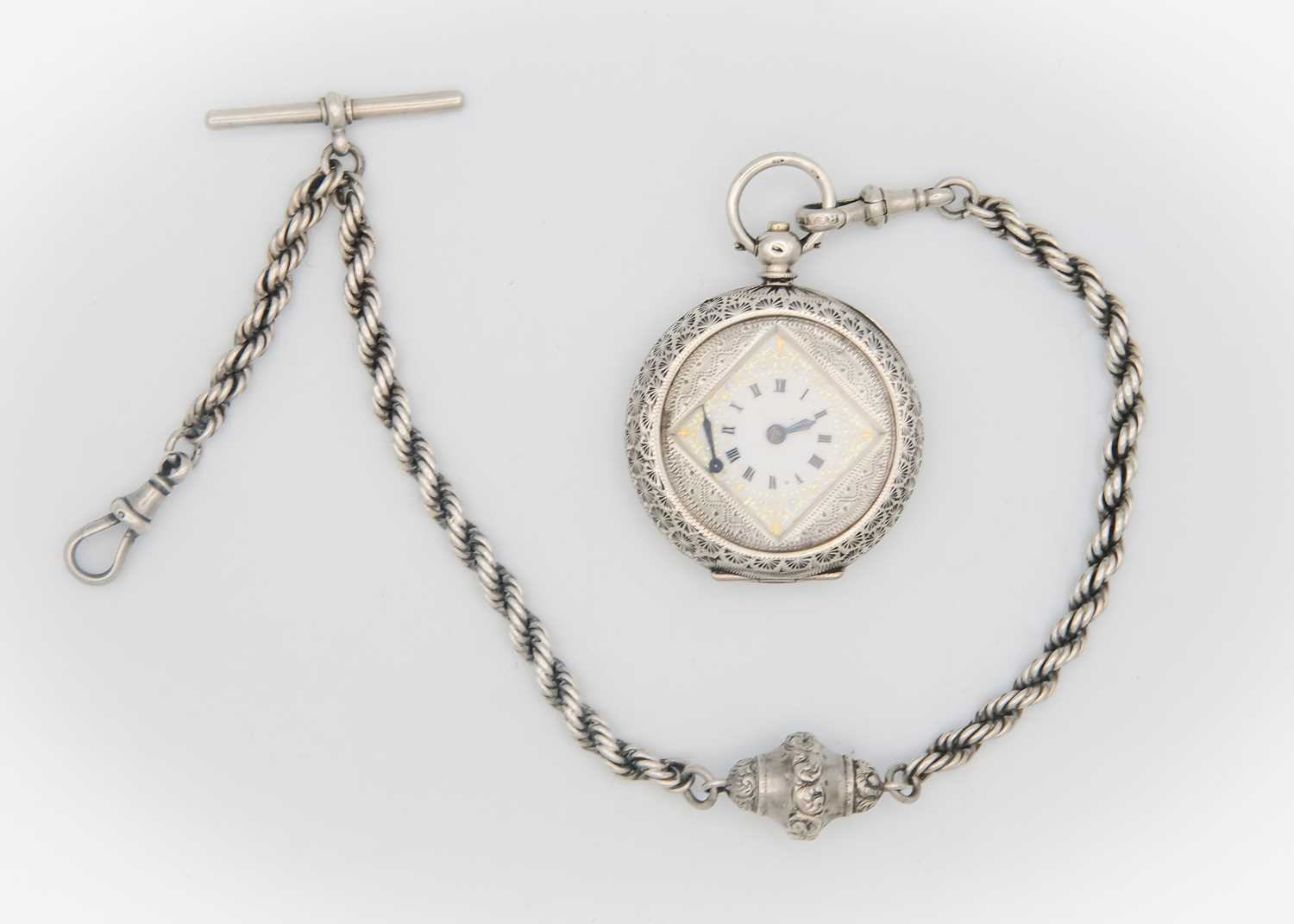 A 935 silver cased key wind fob Swiss cylinder pocket watch and silver fancy Albert. - Image 2 of 5