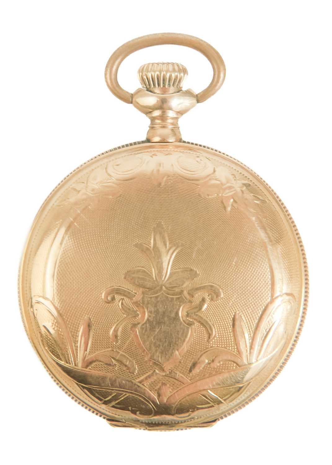 An Elgin 14ct full hunter crown wind fob pocket watch, within a gilt tooled leather travel case. - Image 9 of 9