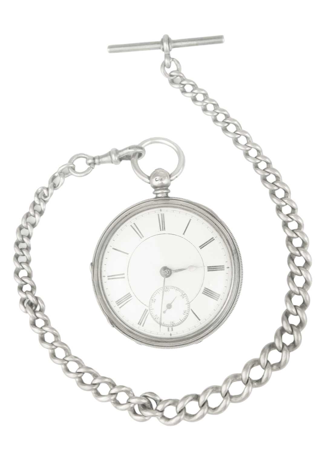 A silver cased key wind open face lever pocket watch with a heavy graduated Albert watch chain. - Image 5 of 6