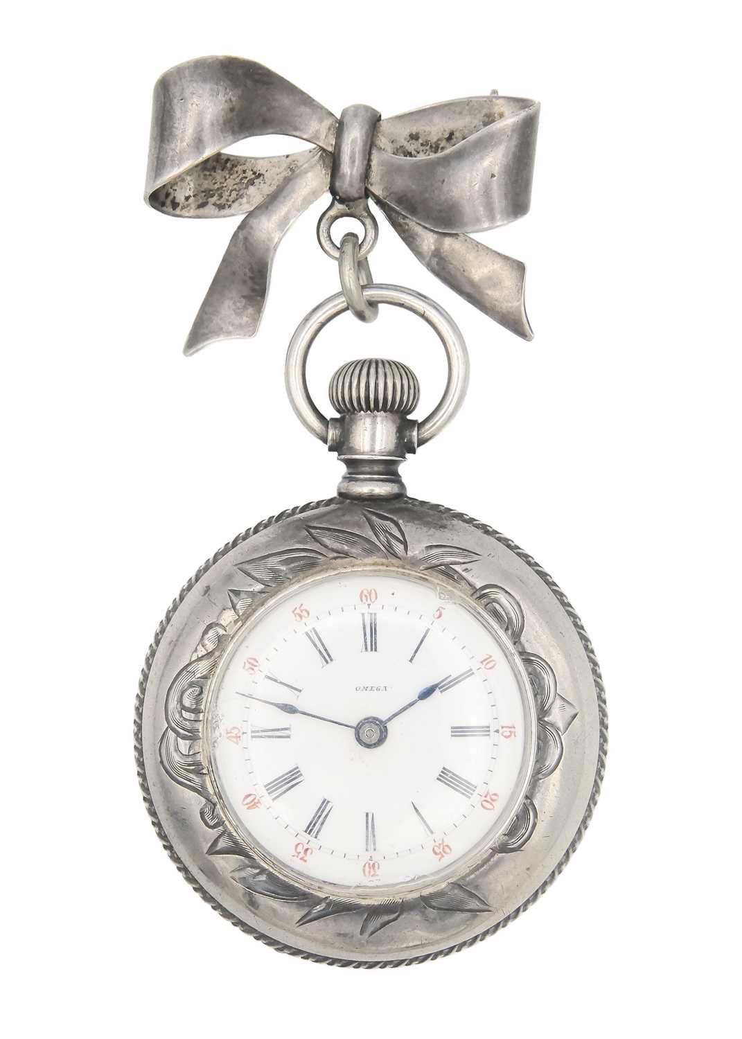 OMEGA - A silver cased crown wind fob pocket watch on silver bow brooch.