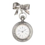 OMEGA - A silver cased crown wind fob pocket watch on silver bow brooch.