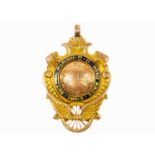 An Edwardian 15ct rose gold shield watch chain fob.