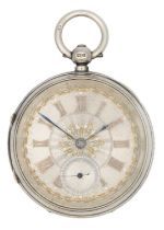 A silver cased key wind fusee lever open face pocket watch.