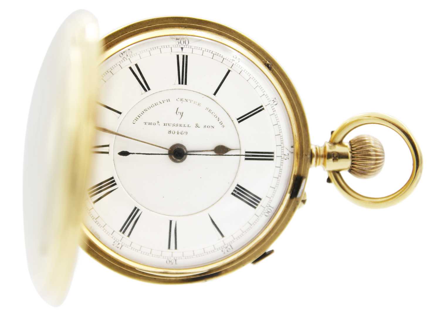 An 18ct chronograph centre seconds crown wind full hunter pocket watch by Thomas Russell & Son.