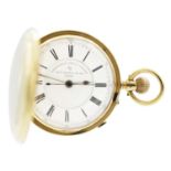 An 18ct chronograph centre seconds crown wind full hunter pocket watch by Thomas Russell & Son.