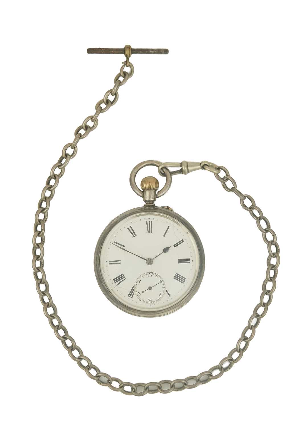 A silver cased crown wind lever pocket watch with silver Albert watch chain. - Image 2 of 4