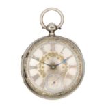 A silver cased key wind fusee lever open face pocket watch.