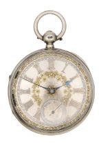 A silver cased key wind fusee lever open face pocket watch.