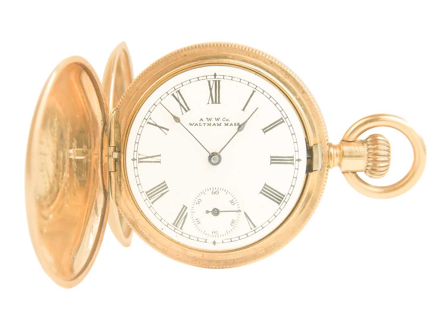 WALTHAM - A rose gold plated full hunter crown wind fob pocket watch.