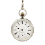 A silver cased crown wind lever pocket watch and silver Albert watch chain.