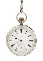 A silver cased crown wind lever pocket watch and silver Albert watch chain.