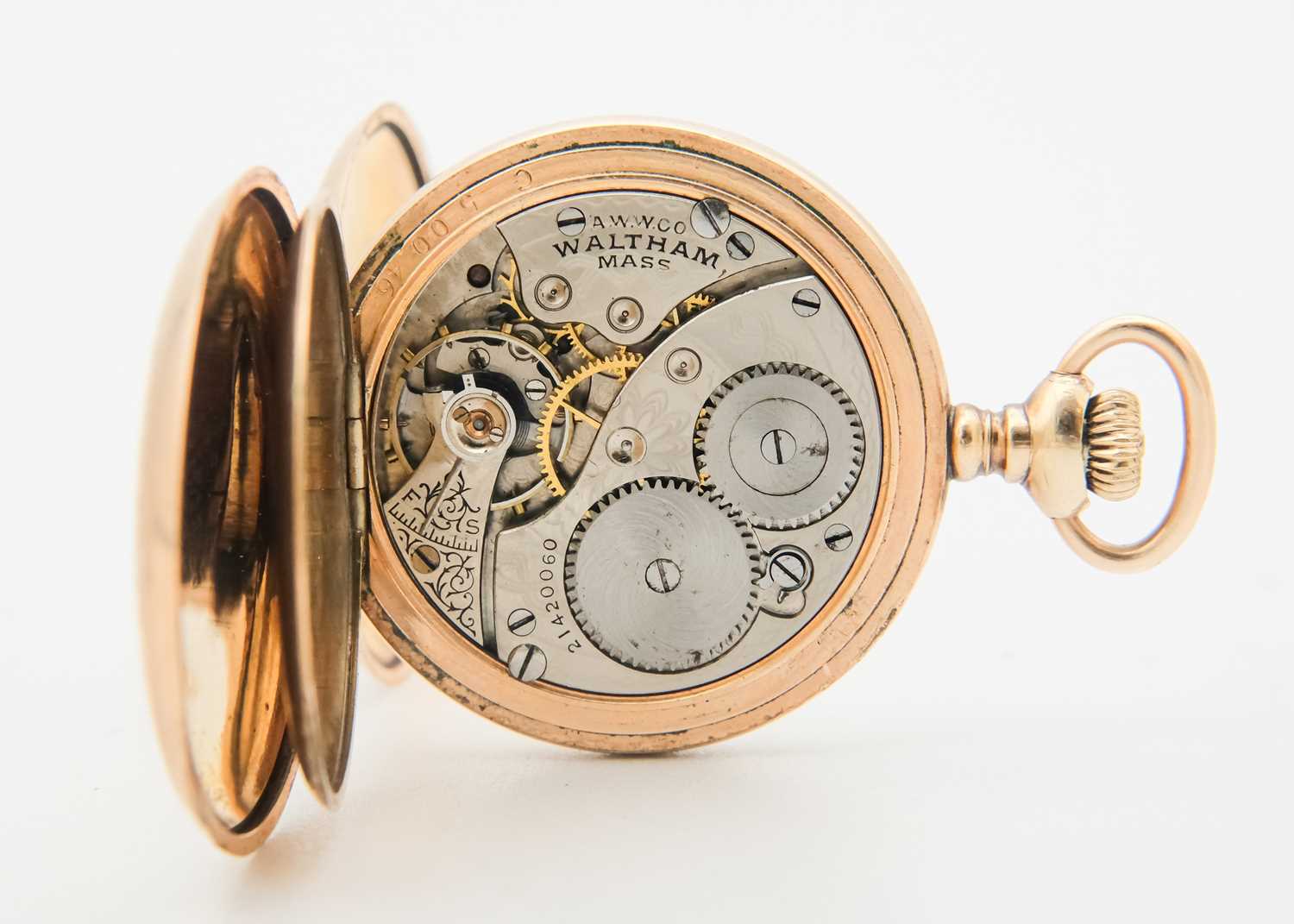 WALTHAM - A rose gold plated full hunter crown wind fob pocket watch. - Image 3 of 6
