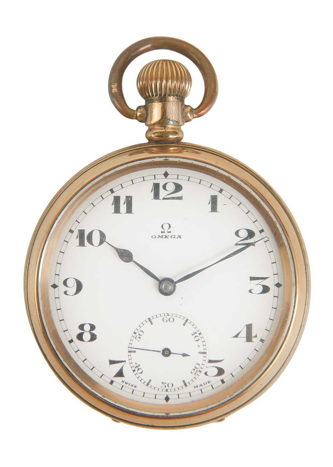 OMEGA - A gold-plated open face crown wind lever pocket watch.