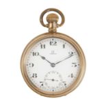 OMEGA - A gold-plated open face crown wind lever pocket watch.