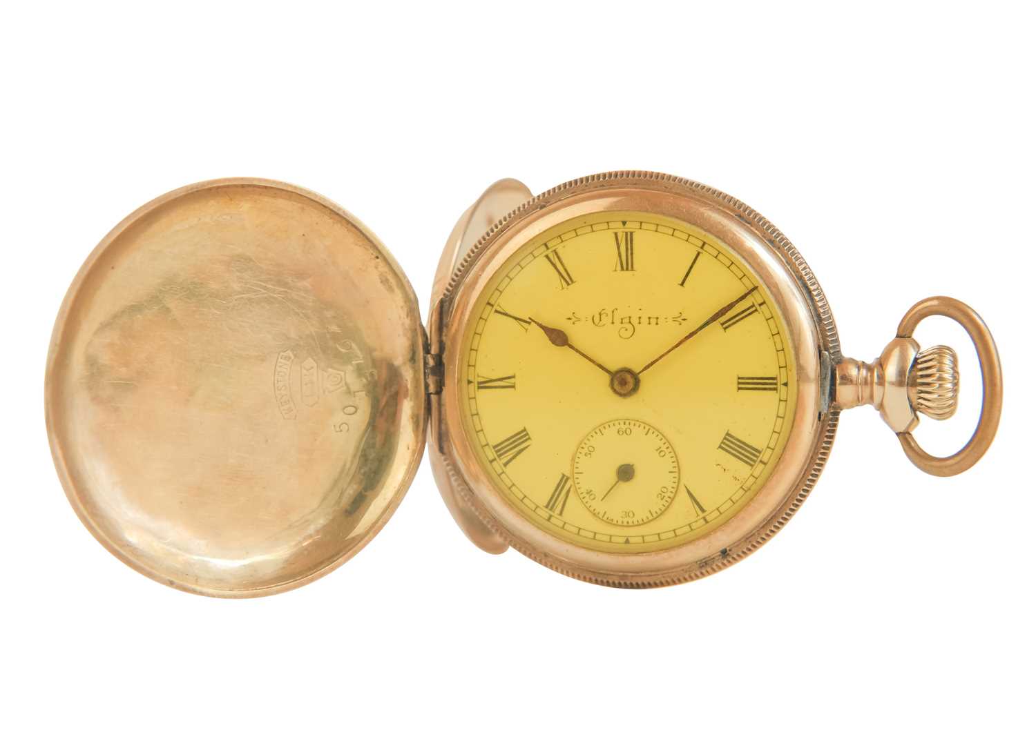 An Elgin 14ct full hunter crown wind fob pocket watch, within a gilt tooled leather travel case.