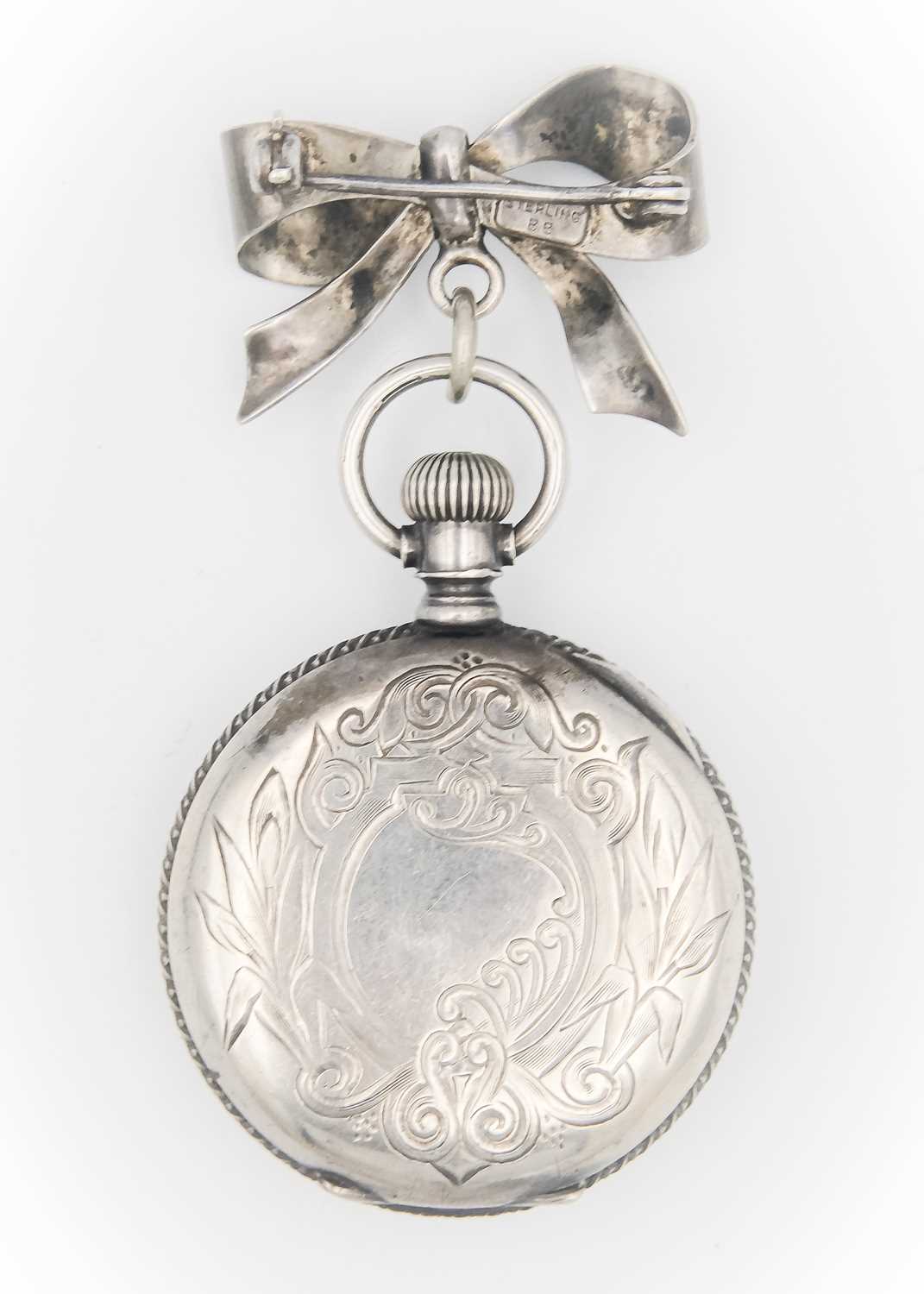 OMEGA - A silver cased crown wind fob pocket watch on silver bow brooch. - Image 4 of 4