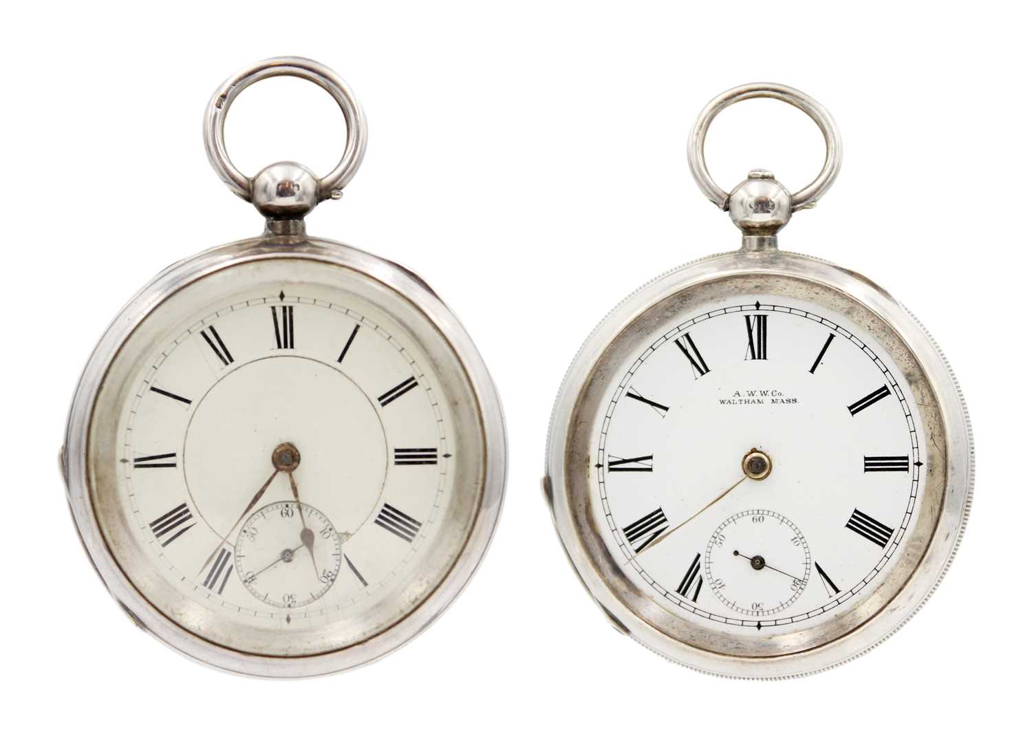 Two American Watch Co. Waltham silver-cased key wind pocket watches.