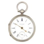 A silver key wind open face lever pocket watch.