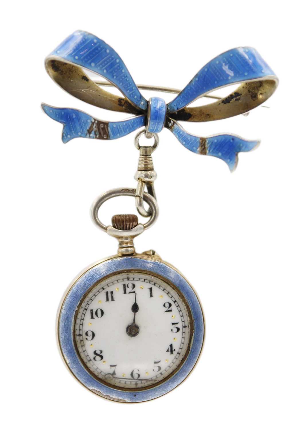 Two silver pocket watches, two silver and enamel pendant watches and a winding key. - Bild 10 aus 11