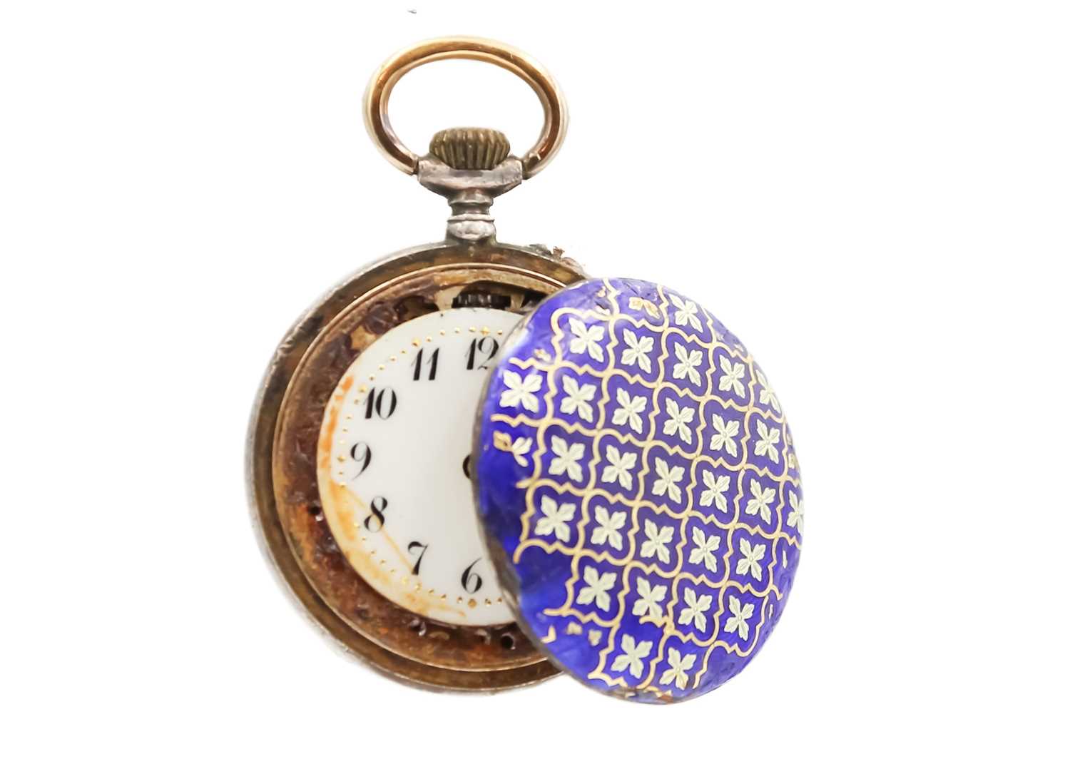 A Tudor silver nurses 'ball' watch on a silver ribbon brooch and a 935 silver enamel fob watch. - Image 4 of 6