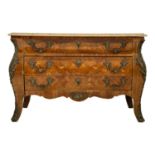 A Louis XV style kingwood and fruitwood marquetry marble top bombe commode.