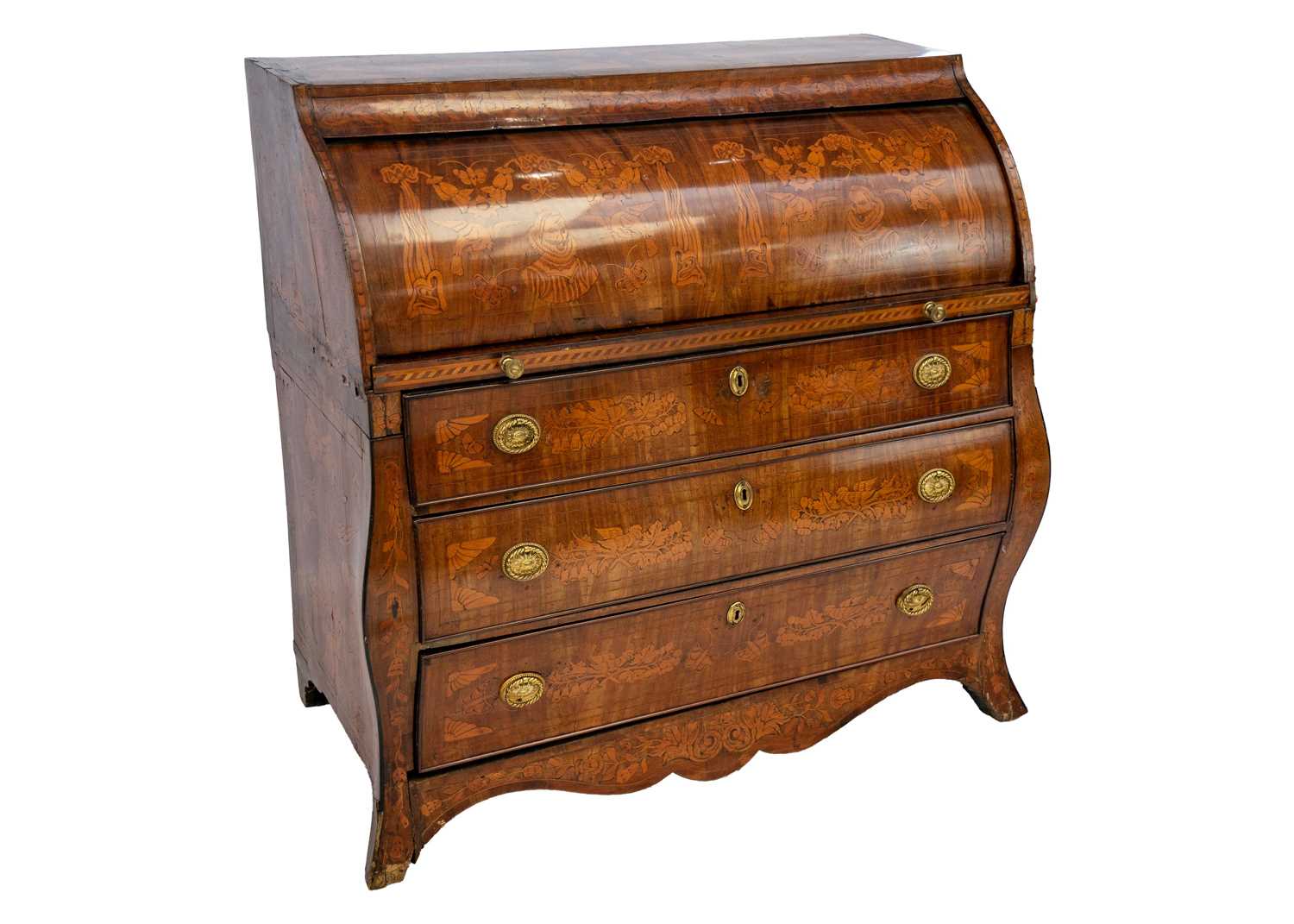 A late 19th century Dutch mahogany and fruitwood marquetry bombe cylinder bureau. - Image 3 of 4