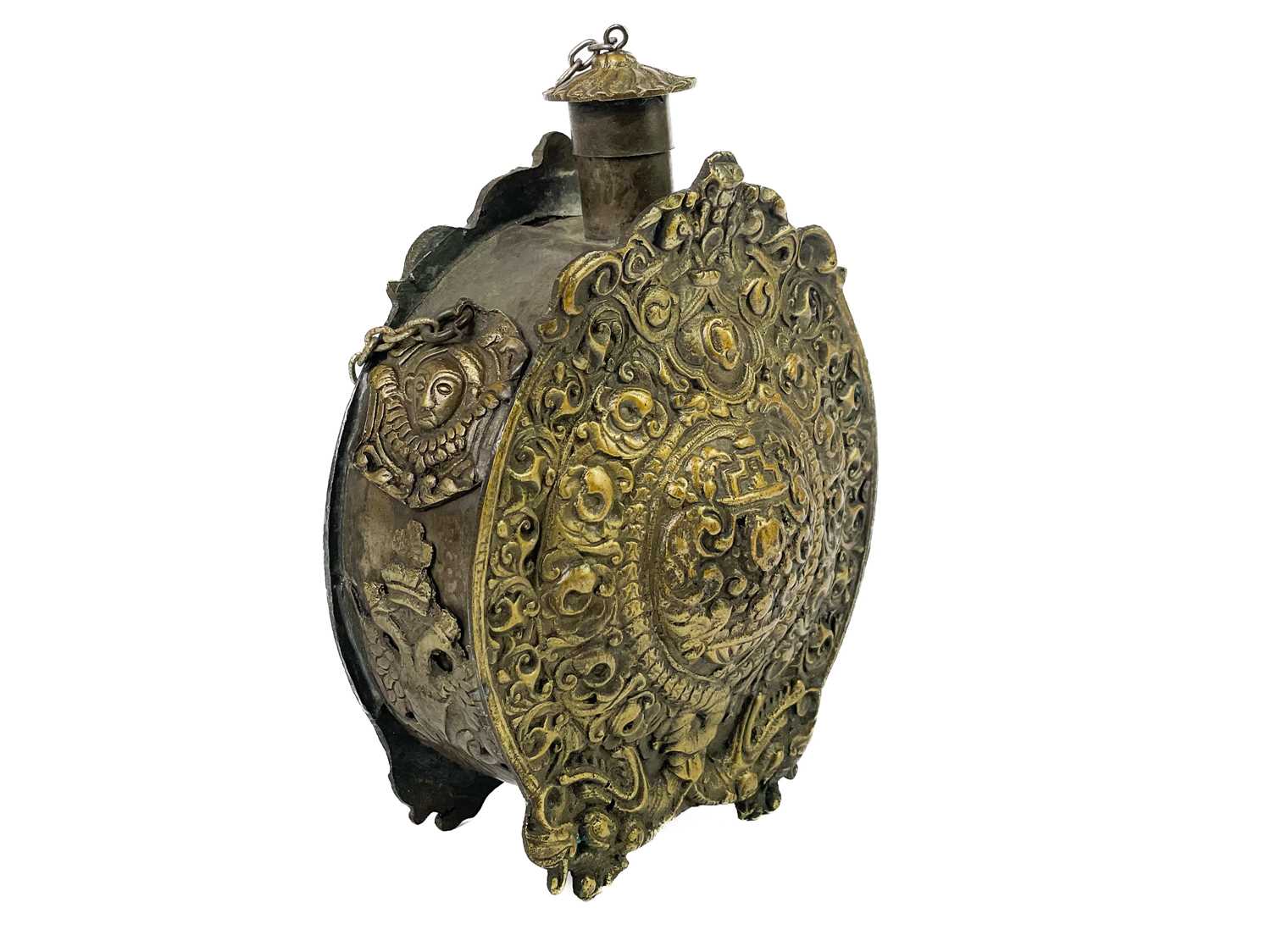 A cast brass Russian powder flask and cover. - Image 2 of 4