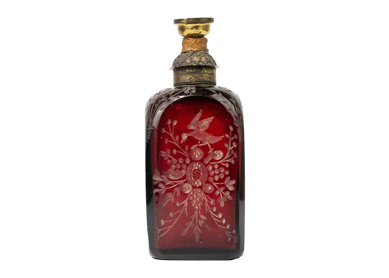 An early 18th century ruby glass decanter, etched with exotic birds, flowers and foliage. - Image 2 of 7