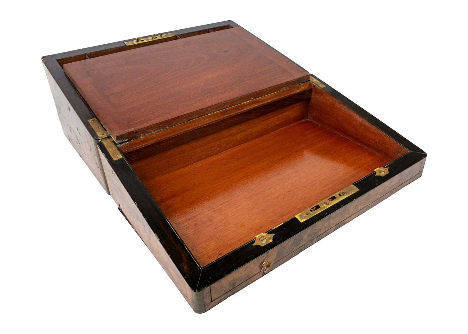 A Victorian burr walnut and brass bound writing slope. - Image 3 of 6