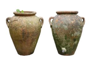A pair of terracotta twin handled olive jars.