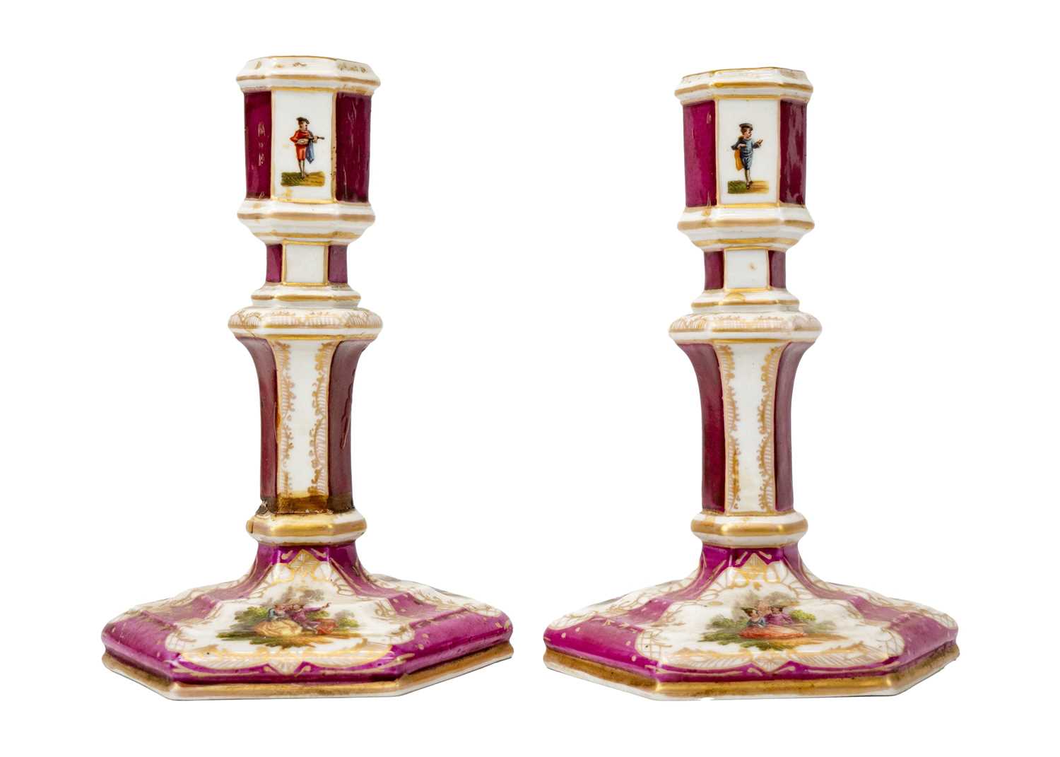 A pair of late 19th/early century KPM Berlin porcelain candlesticks of hexagonal form. - Image 11 of 13