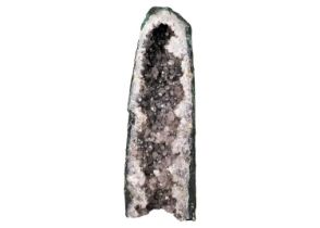A tall freestanding 'cathedral' amethyst geode.