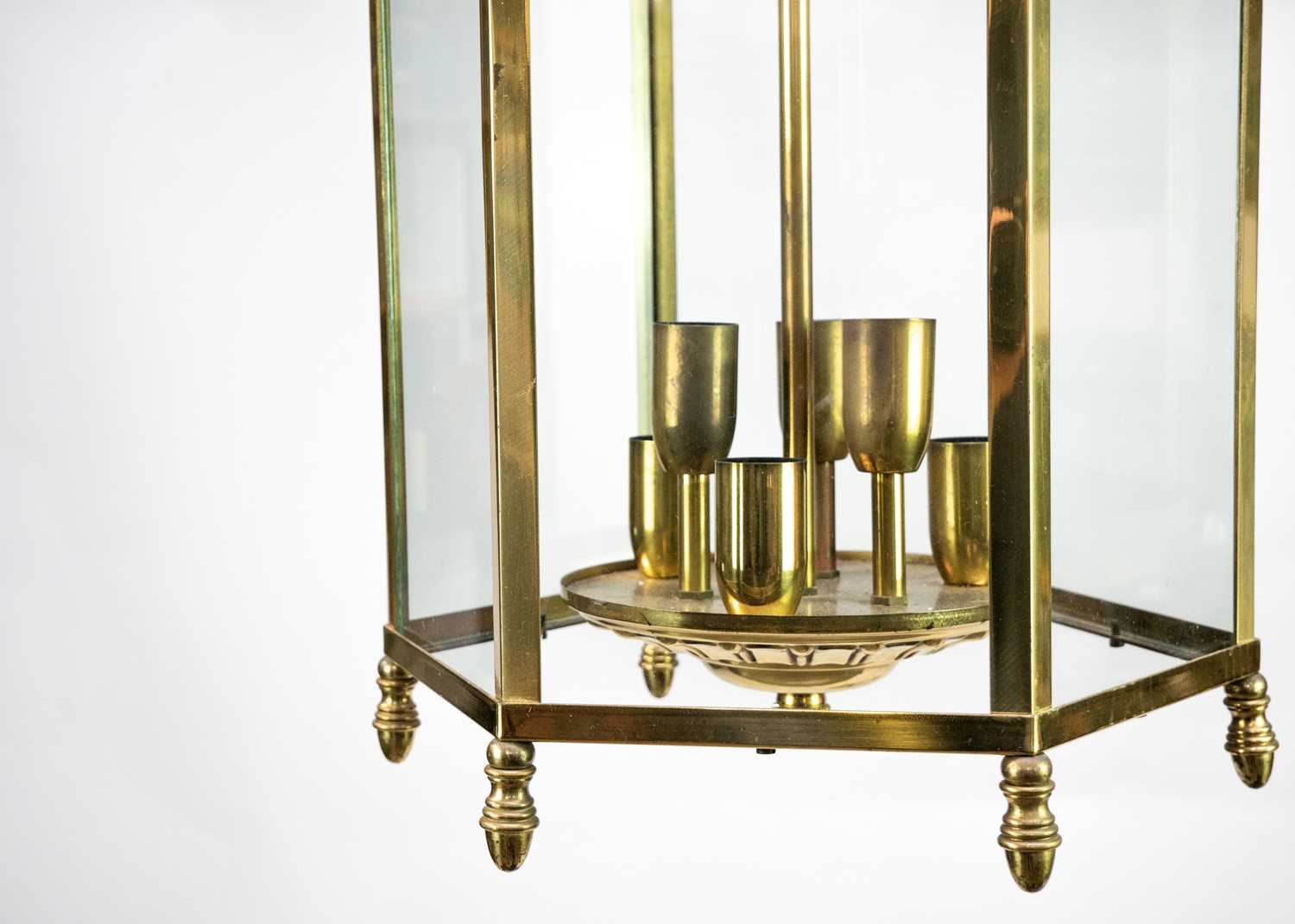 A glazed brass hexagonal hall lantern. - Image 3 of 6