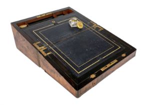 A Victorian burr walnut and brass bound writing slope.