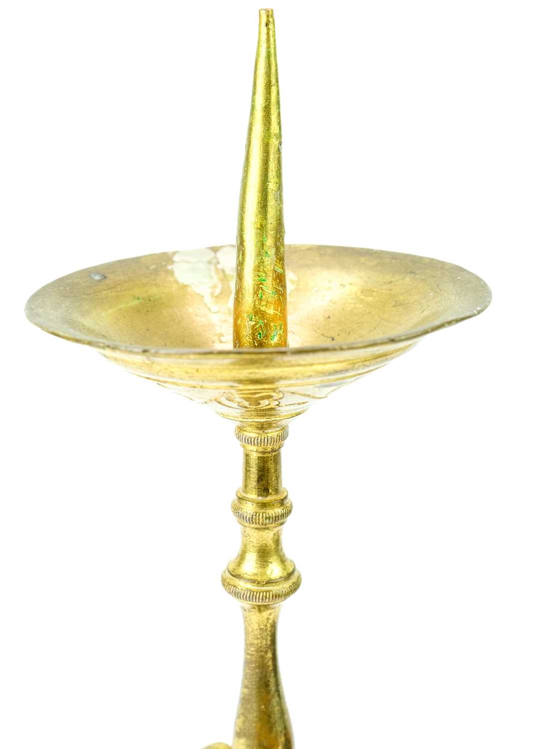 A pair of brass pricket type ecclesiastical candlesticks. - Image 5 of 5