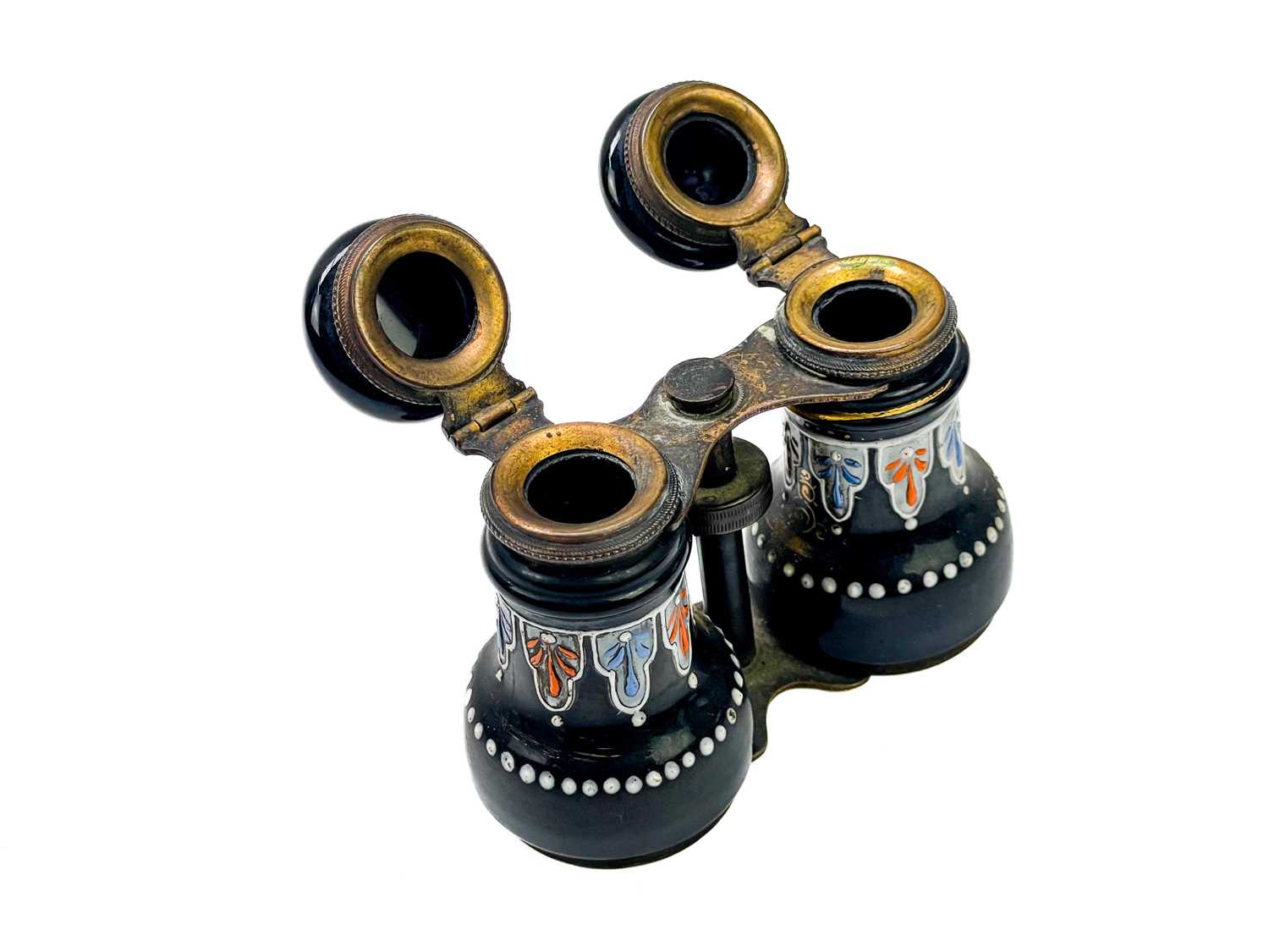 An unusual pair of Victorian black glass inkwells modelled as opera glasses. - Image 6 of 11