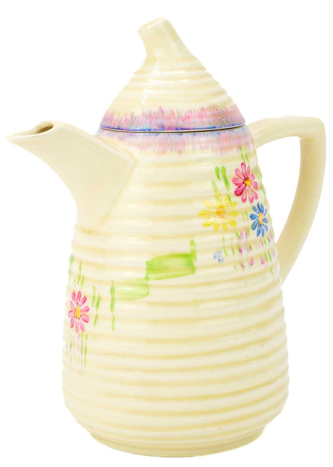 A Clarice Cliff Lynton shape coffee pot and cover.