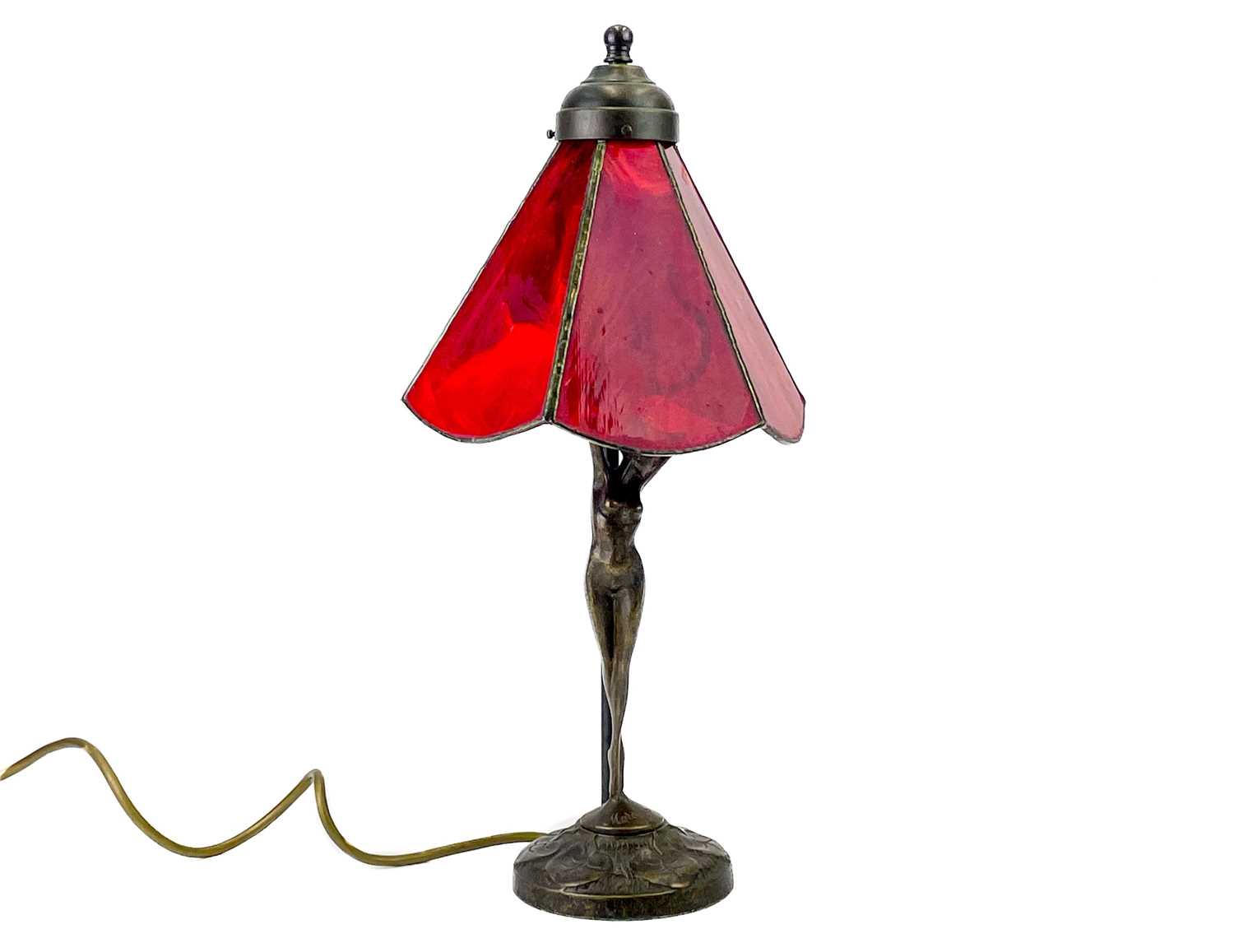 A bronzed metal figural table lamp base after Moreau, modelled with a female nude.