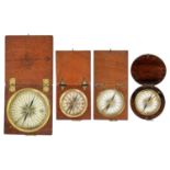 A 19th century travel compass with printed card dial in a square oak case.