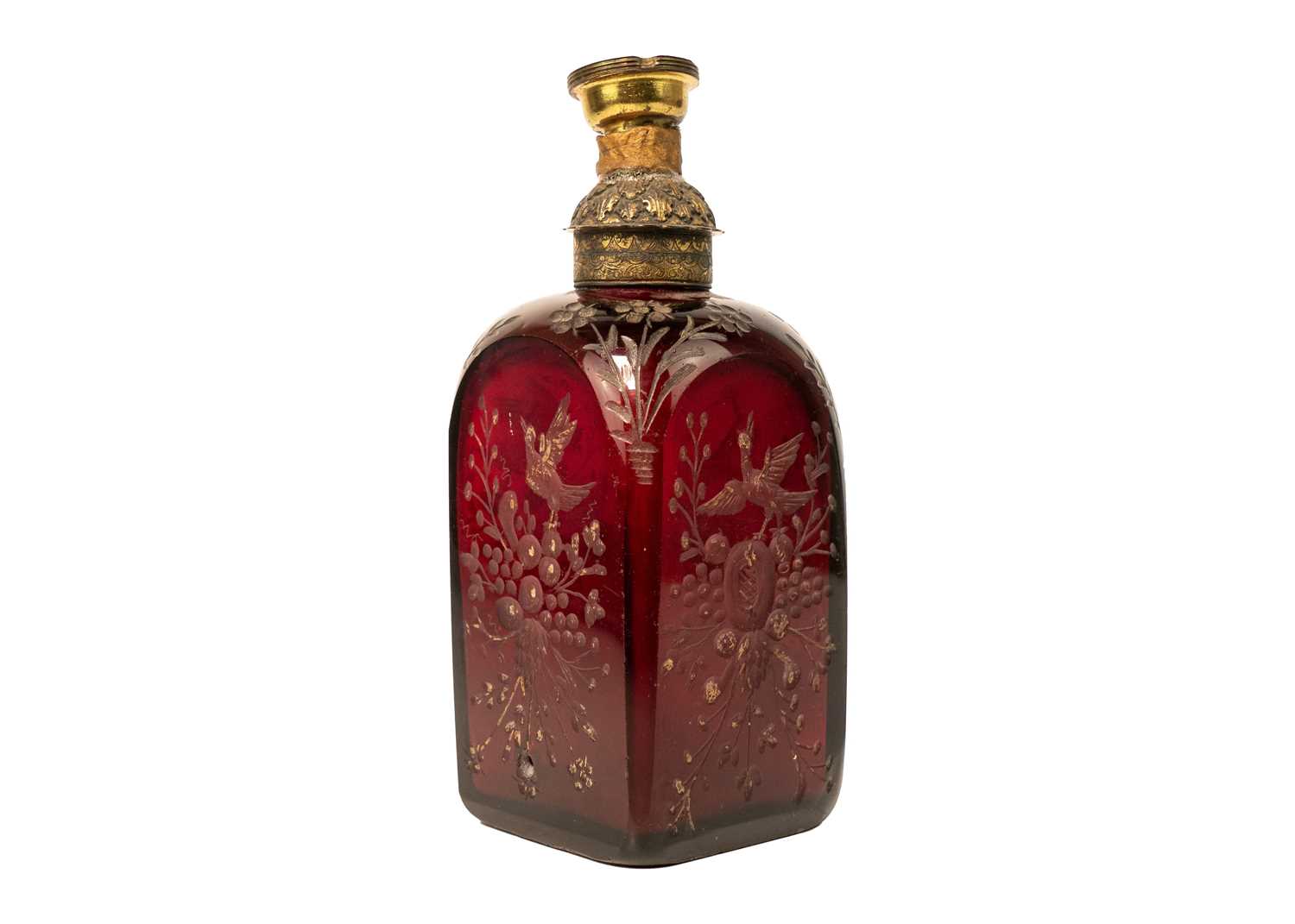 An early 18th century ruby glass decanter, etched with exotic birds, flowers and foliage. - Image 3 of 7