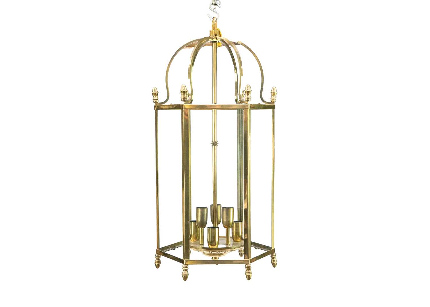 A glazed brass hexagonal hall lantern.