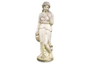 A reconstituted stone garden statue modelled as a classical female holding a vase.